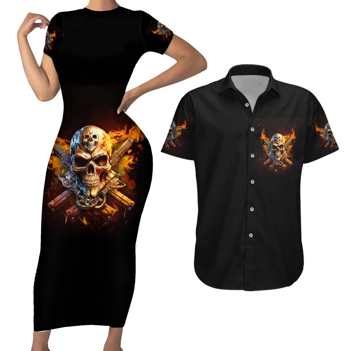 Your First Mistake Fire Skull Couples Matching Short Sleeve Bodycon Dress and Hawaiian Shirt - Wonder Print Shop