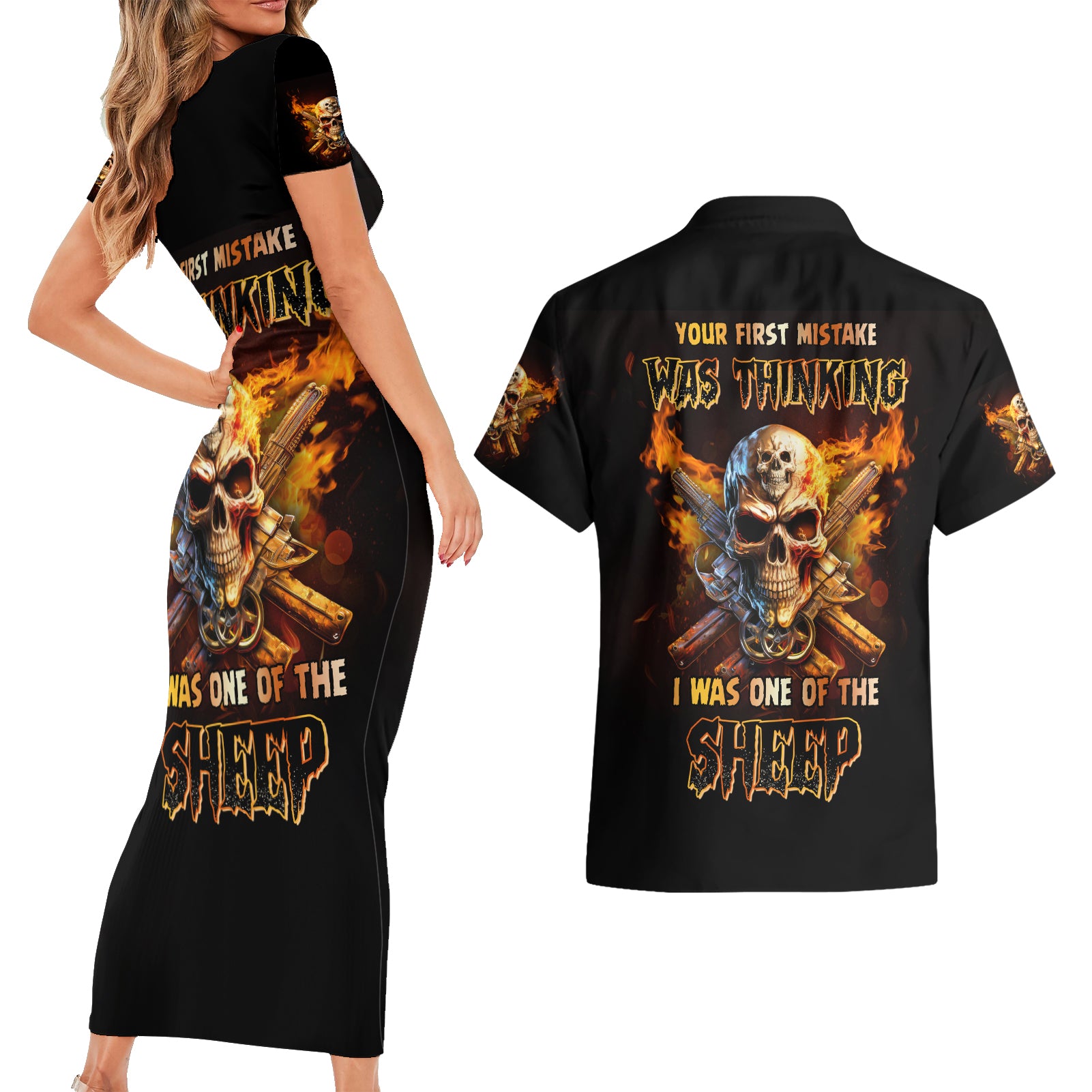 Your First Mistake Fire Skull Couples Matching Short Sleeve Bodycon Dress and Hawaiian Shirt - Wonder Print Shop