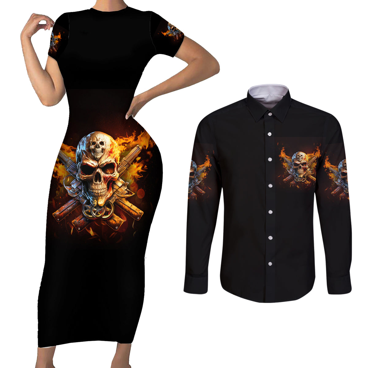 Your First Mistake Fire Skull Couples Matching Short Sleeve Bodycon Dress and Long Sleeve Button Shirt - Wonder Print Shop