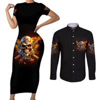 Your First Mistake Fire Skull Couples Matching Short Sleeve Bodycon Dress and Long Sleeve Button Shirt - Wonder Print Shop