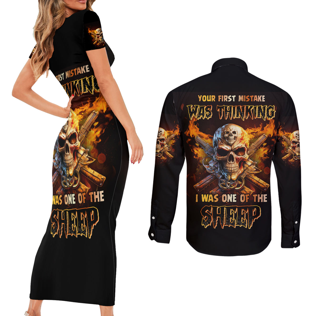Your First Mistake Fire Skull Couples Matching Short Sleeve Bodycon Dress and Long Sleeve Button Shirt - Wonder Print Shop