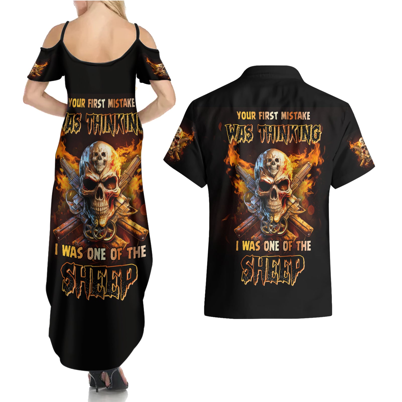 Your First Mistake Fire Skull Couples Matching Summer Maxi Dress and Hawaiian Shirt - Wonder Print Shop