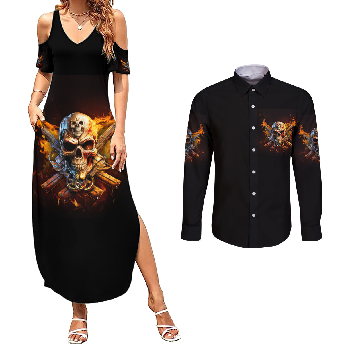 Your First Mistake Fire Skull Couples Matching Summer Maxi Dress and Long Sleeve Button Shirt - Wonder Print Shop