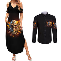 Your First Mistake Fire Skull Couples Matching Summer Maxi Dress and Long Sleeve Button Shirt - Wonder Print Shop
