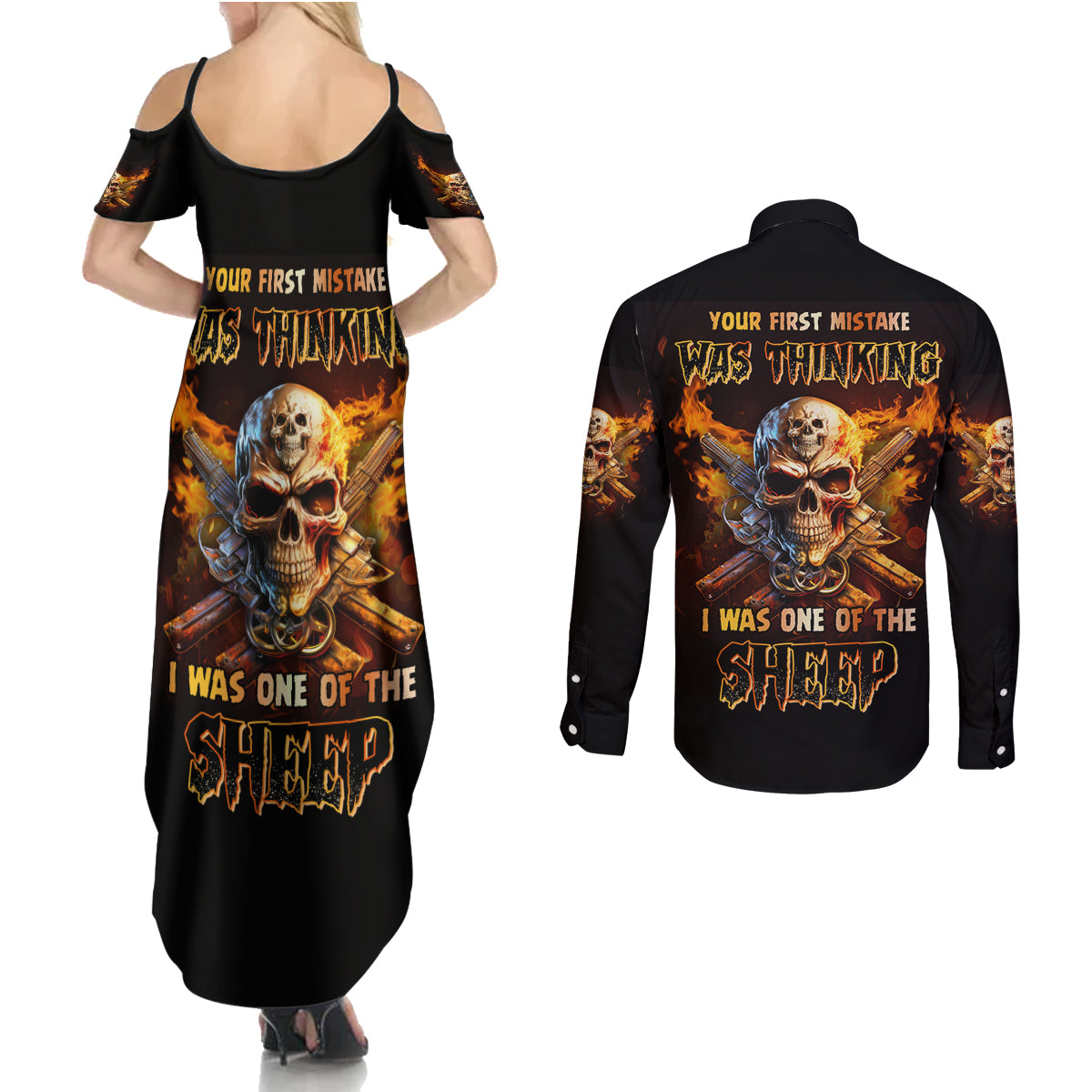 Your First Mistake Fire Skull Couples Matching Summer Maxi Dress and Long Sleeve Button Shirt - Wonder Print Shop