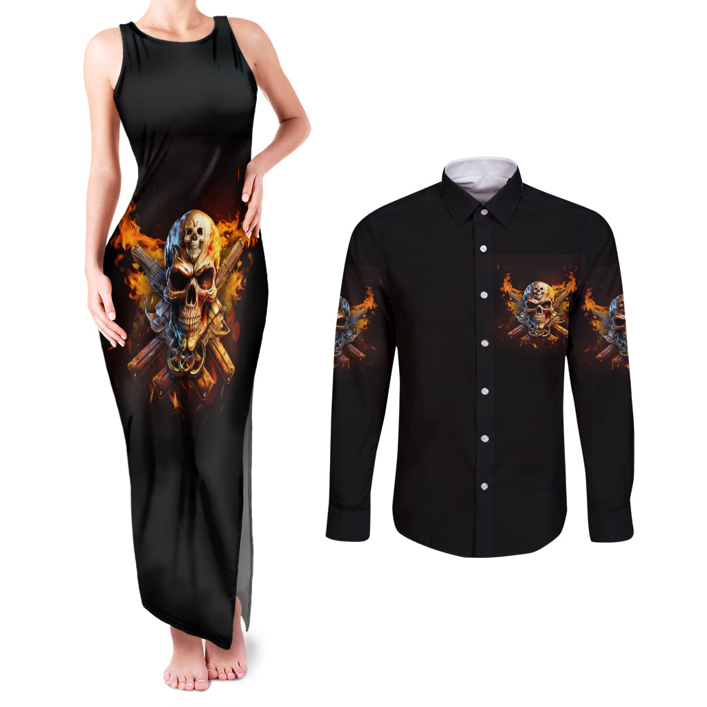 Your First Mistake Fire Skull Couples Matching Tank Maxi Dress and Long Sleeve Button Shirt - Wonder Print Shop