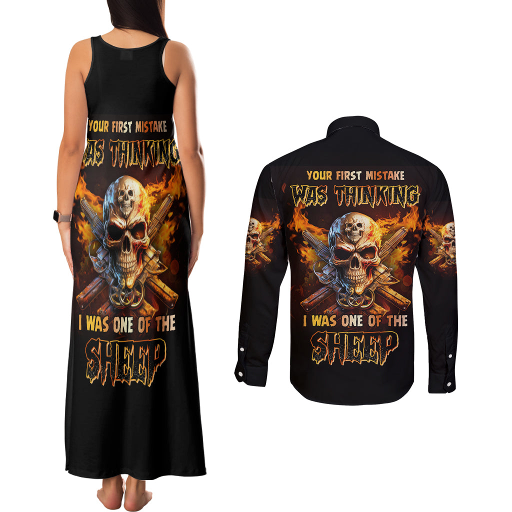 Your First Mistake Fire Skull Couples Matching Tank Maxi Dress and Long Sleeve Button Shirt - Wonder Print Shop