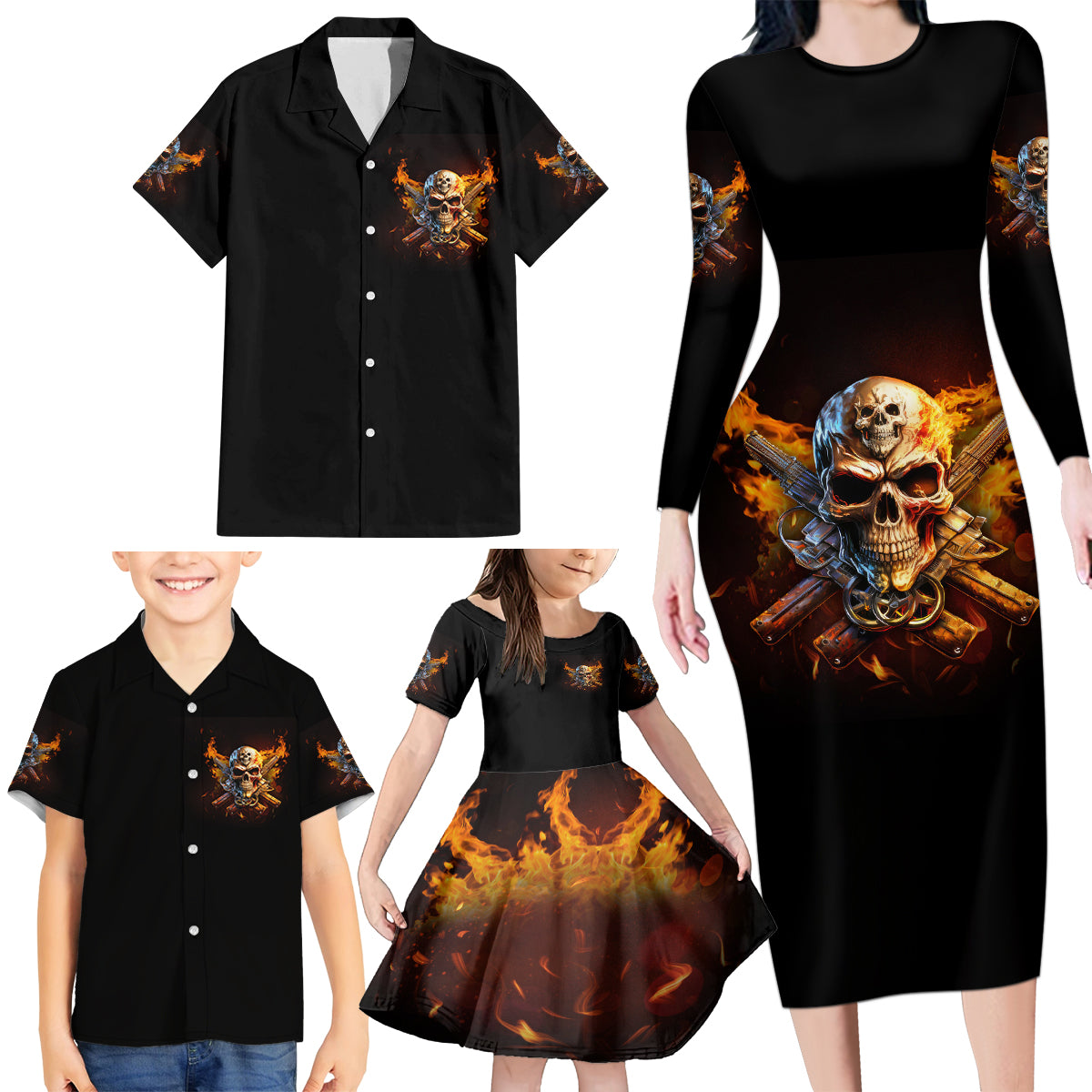 Your First Mistake Fire Skull Family Matching Long Sleeve Bodycon Dress and Hawaiian Shirt - Wonder Print Shop