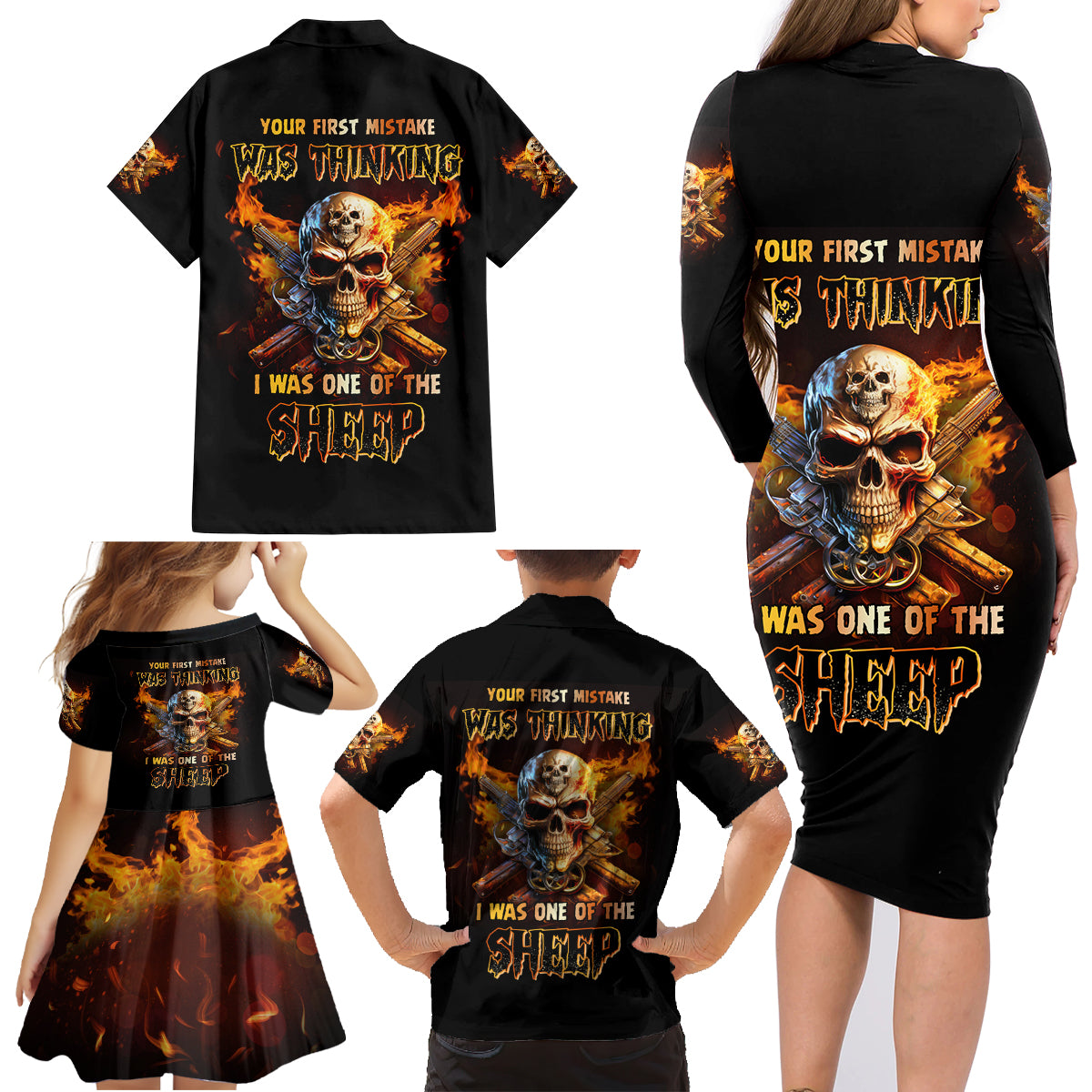Your First Mistake Fire Skull Family Matching Long Sleeve Bodycon Dress and Hawaiian Shirt - Wonder Print Shop