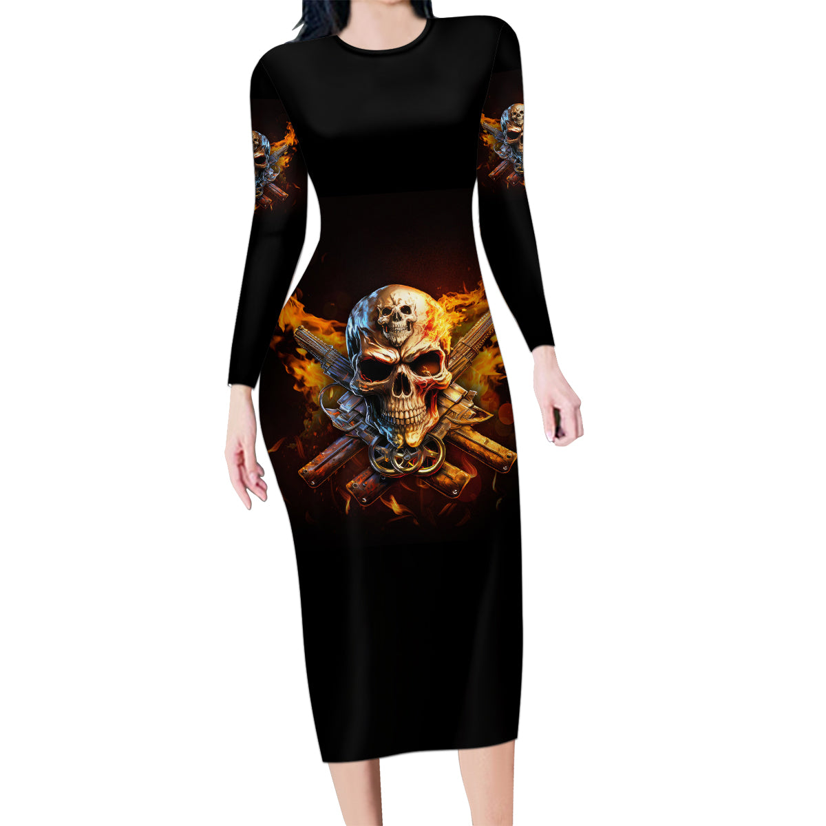 Your First Mistake Fire Skull Family Matching Long Sleeve Bodycon Dress and Hawaiian Shirt - Wonder Print Shop
