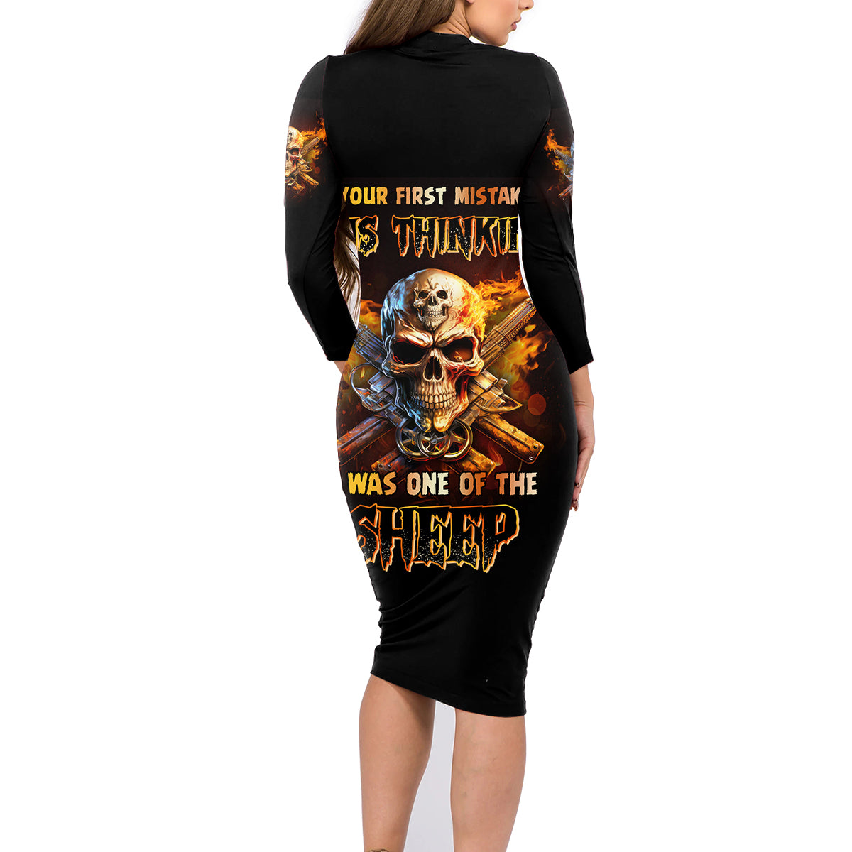 Your First Mistake Fire Skull Family Matching Long Sleeve Bodycon Dress and Hawaiian Shirt - Wonder Print Shop