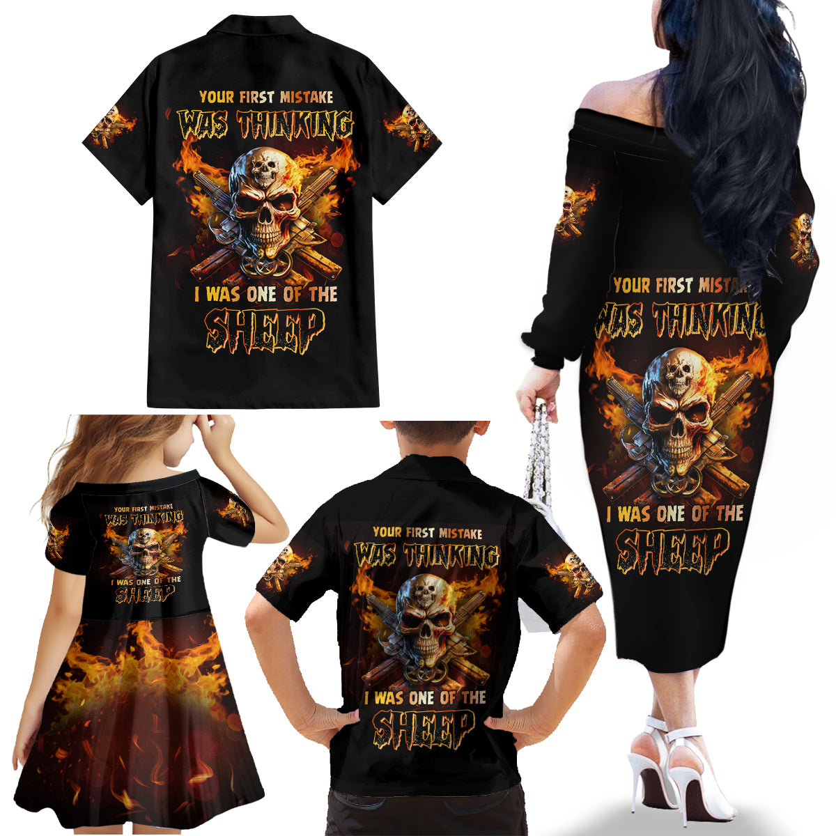 Your First Mistake Fire Skull Family Matching Off Shoulder Long Sleeve Dress and Hawaiian Shirt - Wonder Print Shop