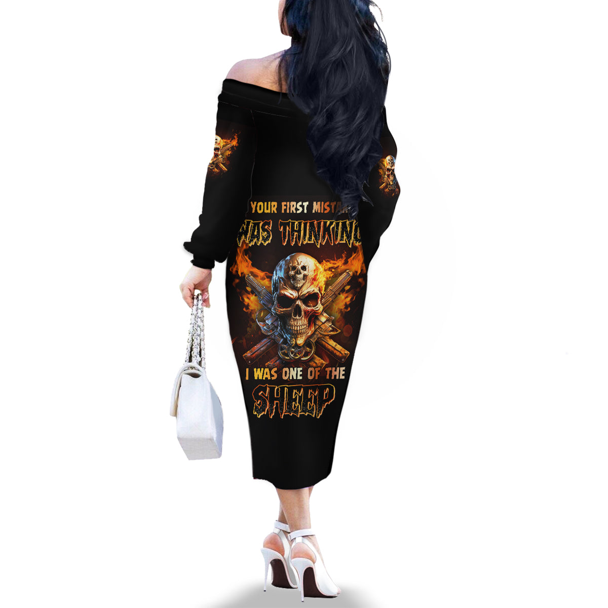 Your First Mistake Fire Skull Family Matching Off Shoulder Long Sleeve Dress and Hawaiian Shirt - Wonder Print Shop