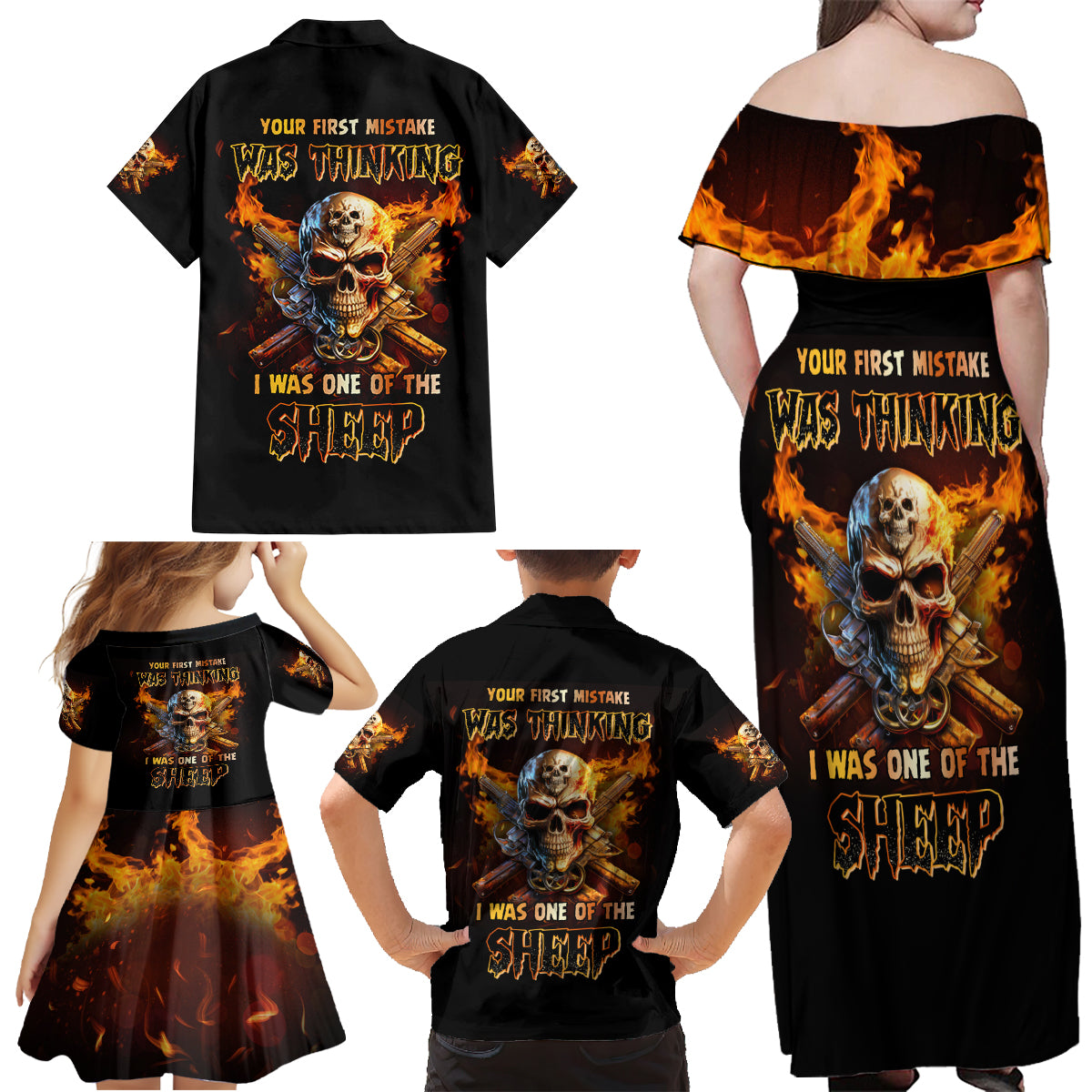 Your First Mistake Fire Skull Family Matching Off Shoulder Maxi Dress and Hawaiian Shirt - Wonder Print Shop