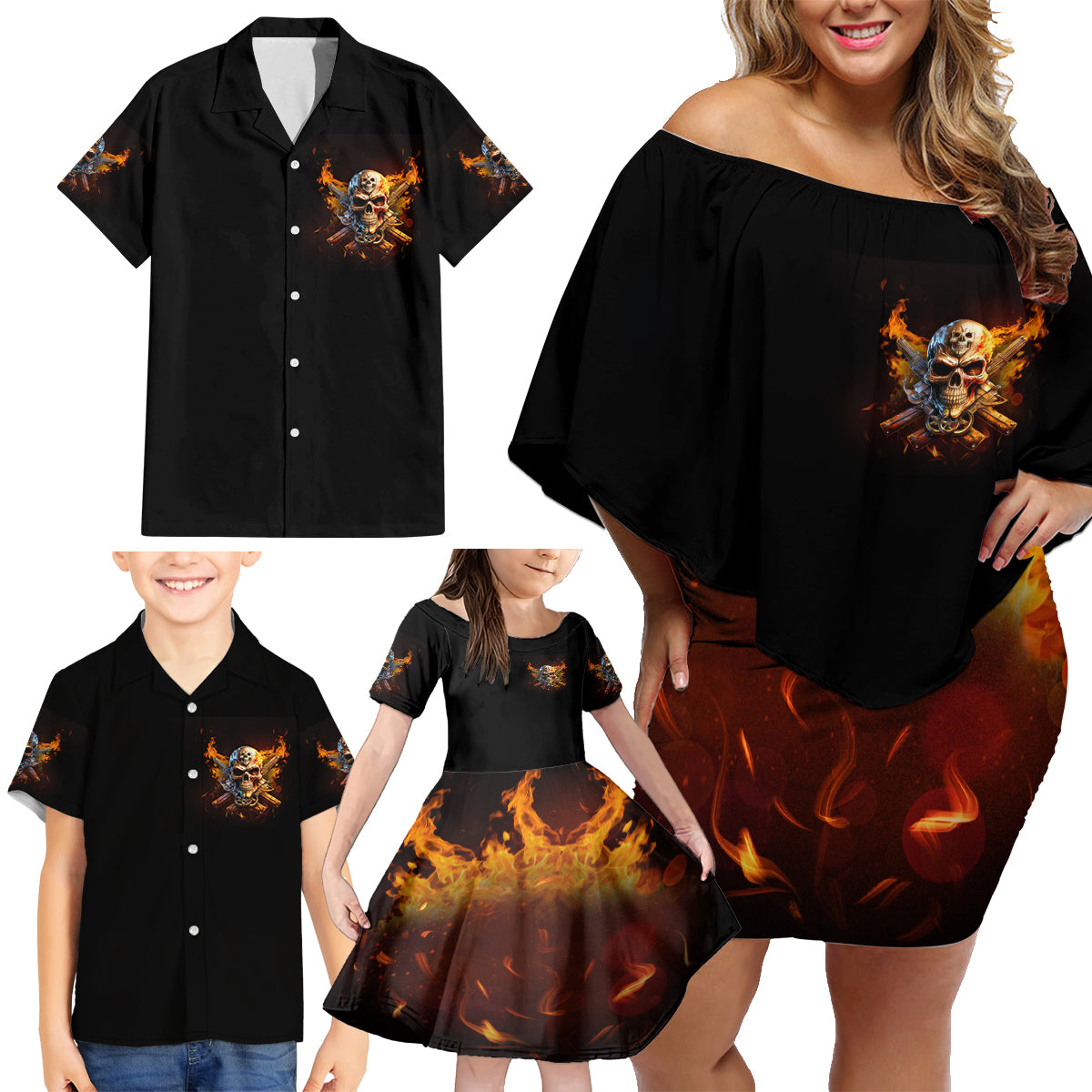 Your First Mistake Fire Skull Family Matching Off Shoulder Short Dress and Hawaiian Shirt - Wonder Print Shop