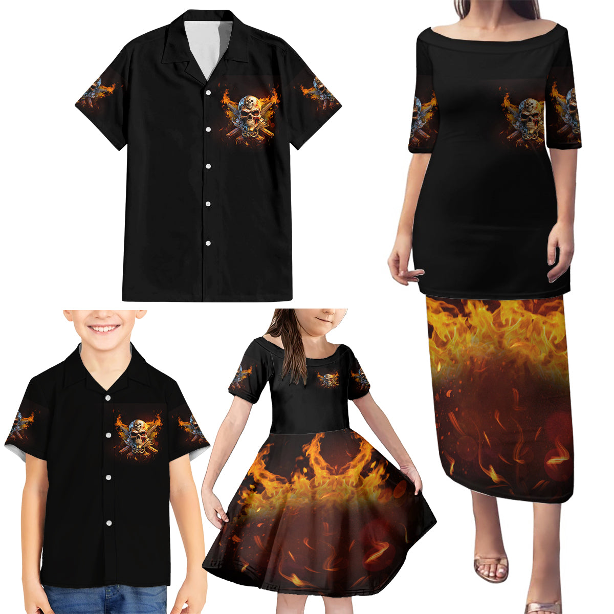 Your First Mistake Fire Skull Family Matching Puletasi Dress and Hawaiian Shirt - Wonder Print Shop
