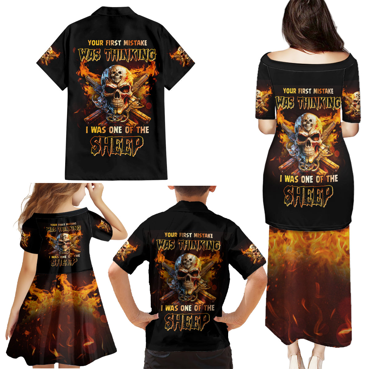 Your First Mistake Fire Skull Family Matching Puletasi Dress and Hawaiian Shirt - Wonder Print Shop