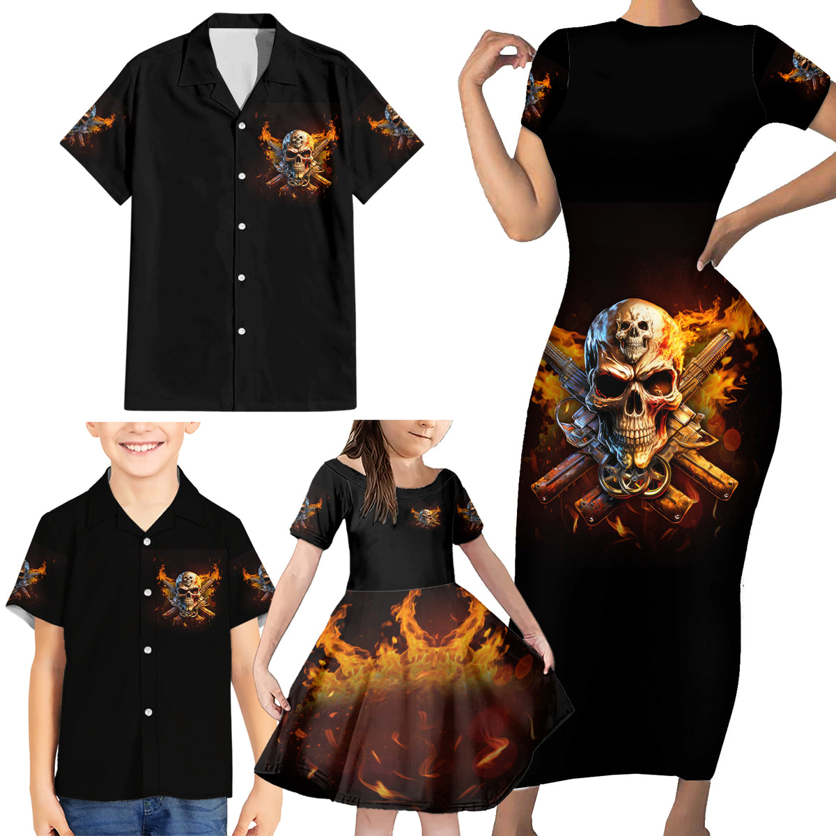 Your First Mistake Fire Skull Family Matching Short Sleeve Bodycon Dress and Hawaiian Shirt - Wonder Print Shop