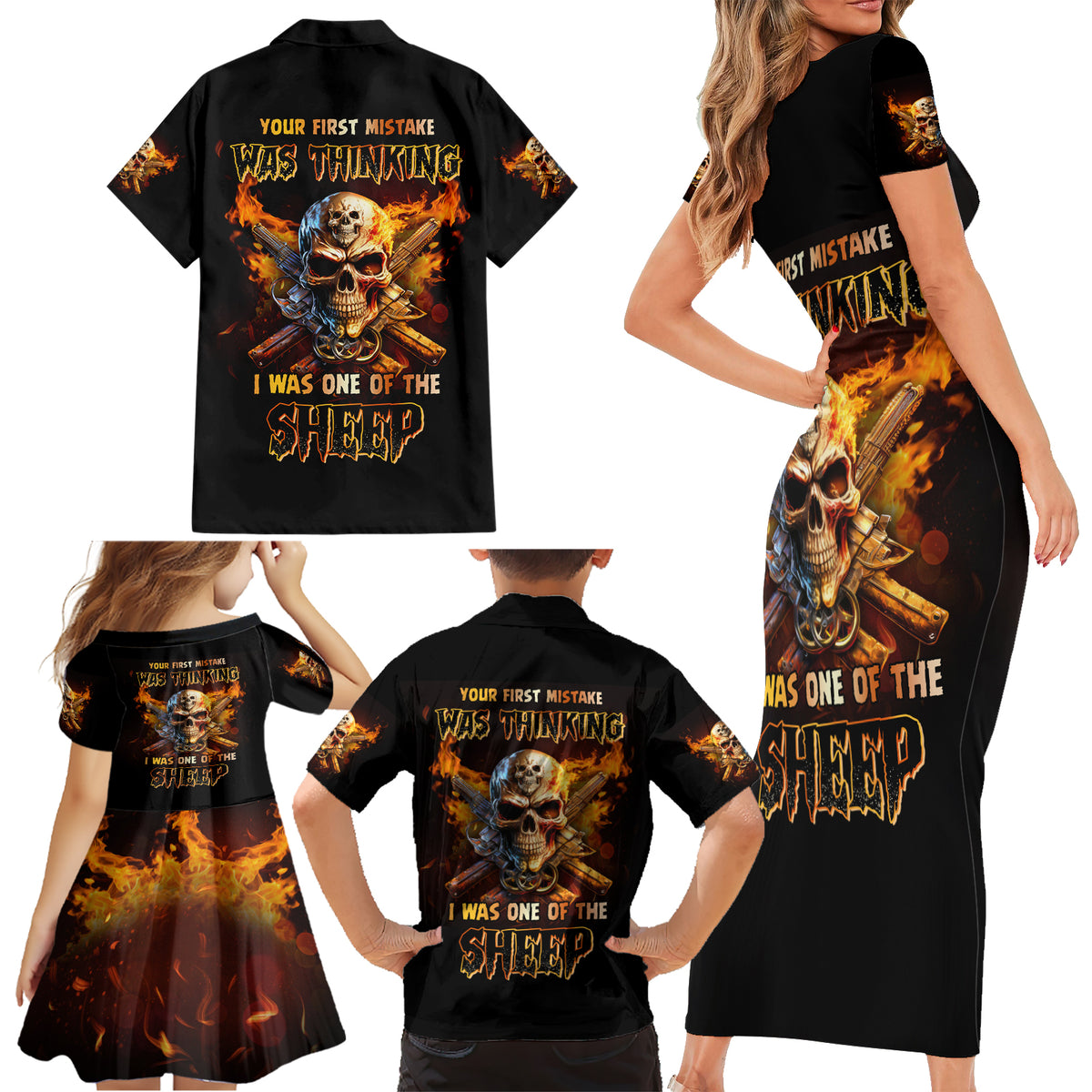 Your First Mistake Fire Skull Family Matching Short Sleeve Bodycon Dress and Hawaiian Shirt - Wonder Print Shop