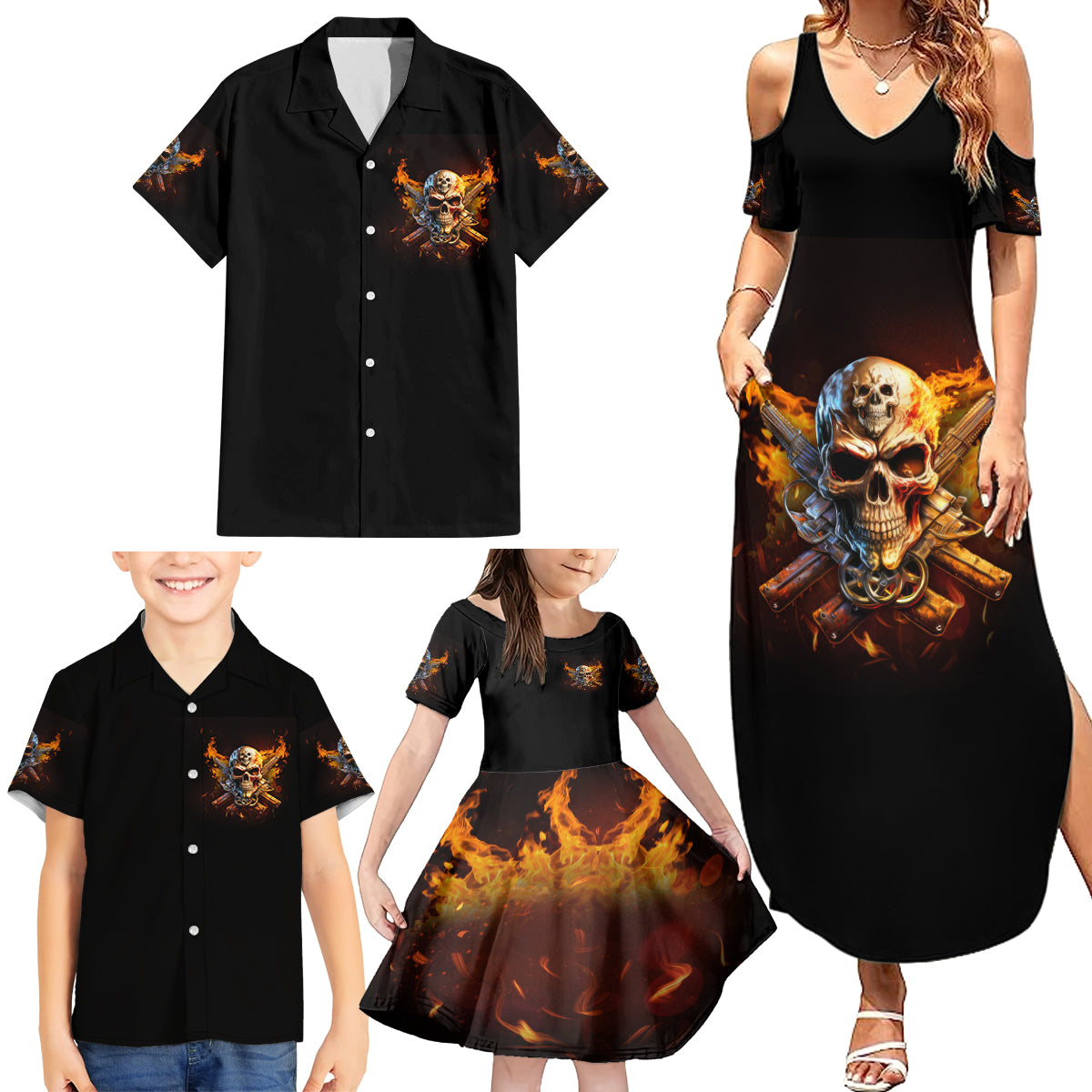 Your First Mistake Fire Skull Family Matching Summer Maxi Dress and Hawaiian Shirt - Wonder Print Shop