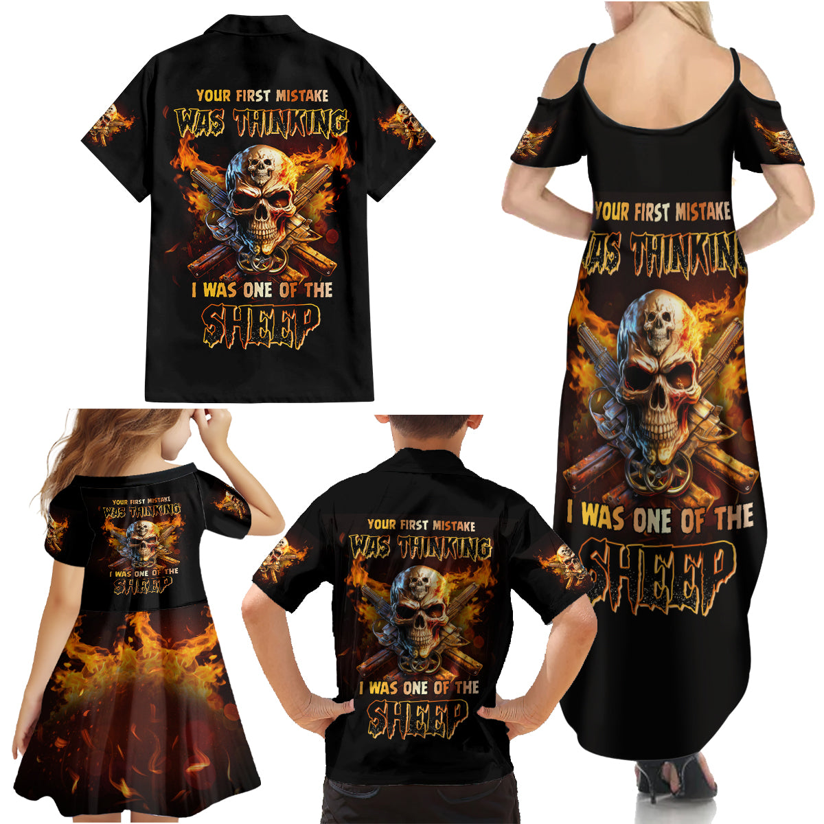 Your First Mistake Fire Skull Family Matching Summer Maxi Dress and Hawaiian Shirt - Wonder Print Shop