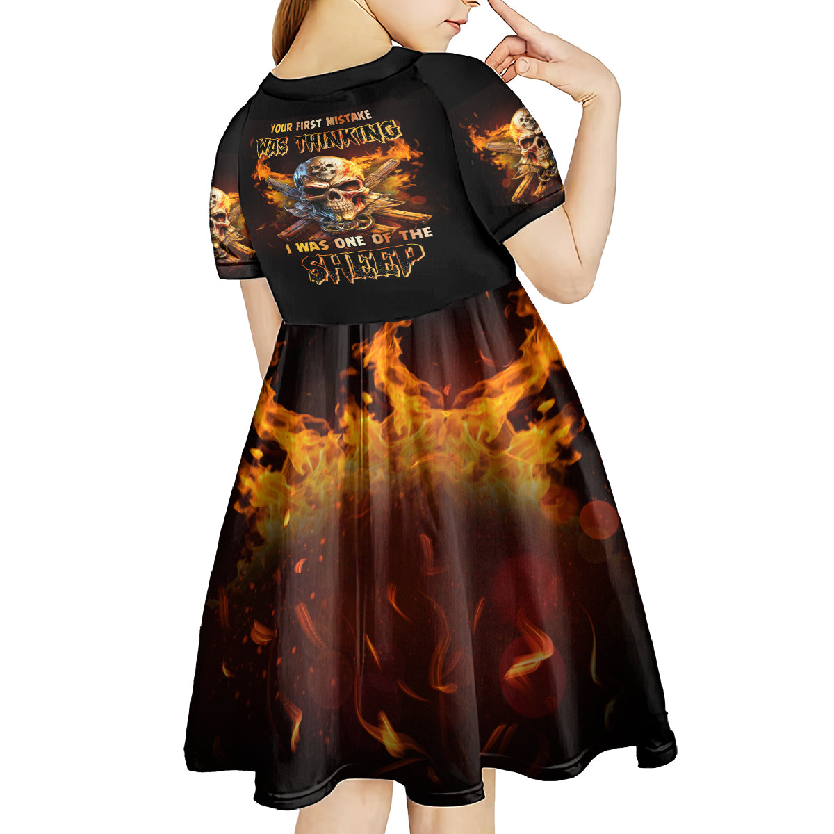 Your First Mistake Fire Skull Kid Short Sleeve Dress - Wonder Print Shop