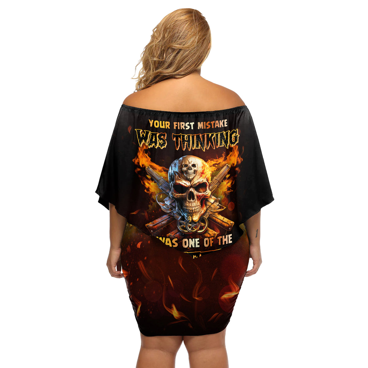 Your First Mistake Fire Skull Off Shoulder Short Dress - Wonder Print Shop