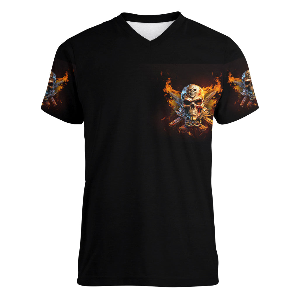 Your First Mistake Fire Skull Women V Neck T Shirt - Wonder Print Shop