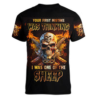 Your First Mistake Fire Skull Women V Neck T Shirt - Wonder Print Shop