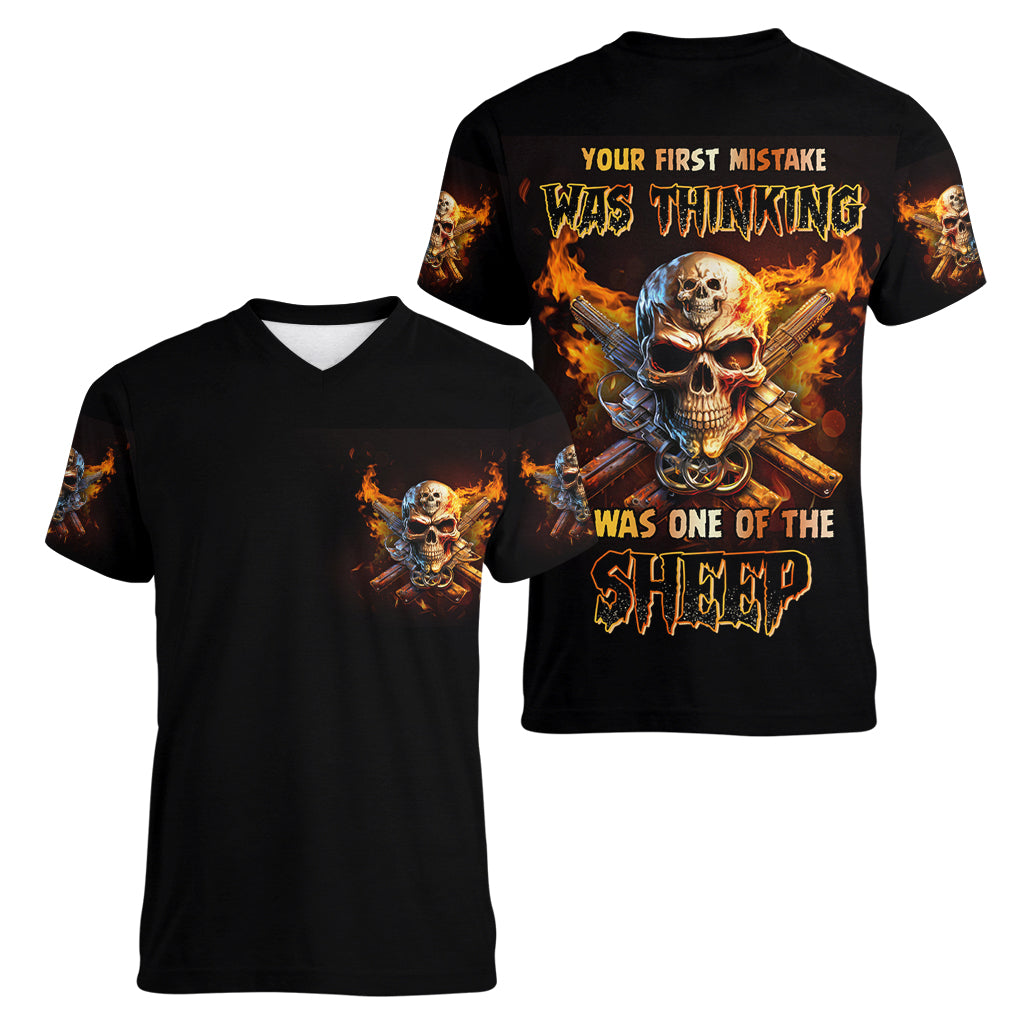 Your First Mistake Fire Skull Women V Neck T Shirt - Wonder Print Shop