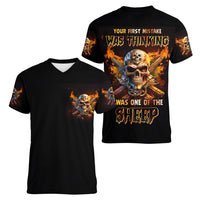 Your First Mistake Fire Skull Women V Neck T Shirt - Wonder Print Shop