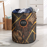 Aten Laundry Basket Ancient Egyptian Cracked Stone Hieroglyph, Solar Eclipse Emblem, and Radiant Sunburst - Wonder Print Shop