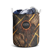 Aten Laundry Basket Ancient Egyptian Cracked Stone Hieroglyph, Solar Eclipse Emblem, and Radiant Sunburst - Wonder Print Shop