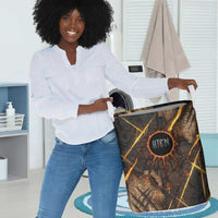 Aten Laundry Basket Ancient Egyptian Cracked Stone Hieroglyph, Solar Eclipse Emblem, and Radiant Sunburst - Wonder Print Shop