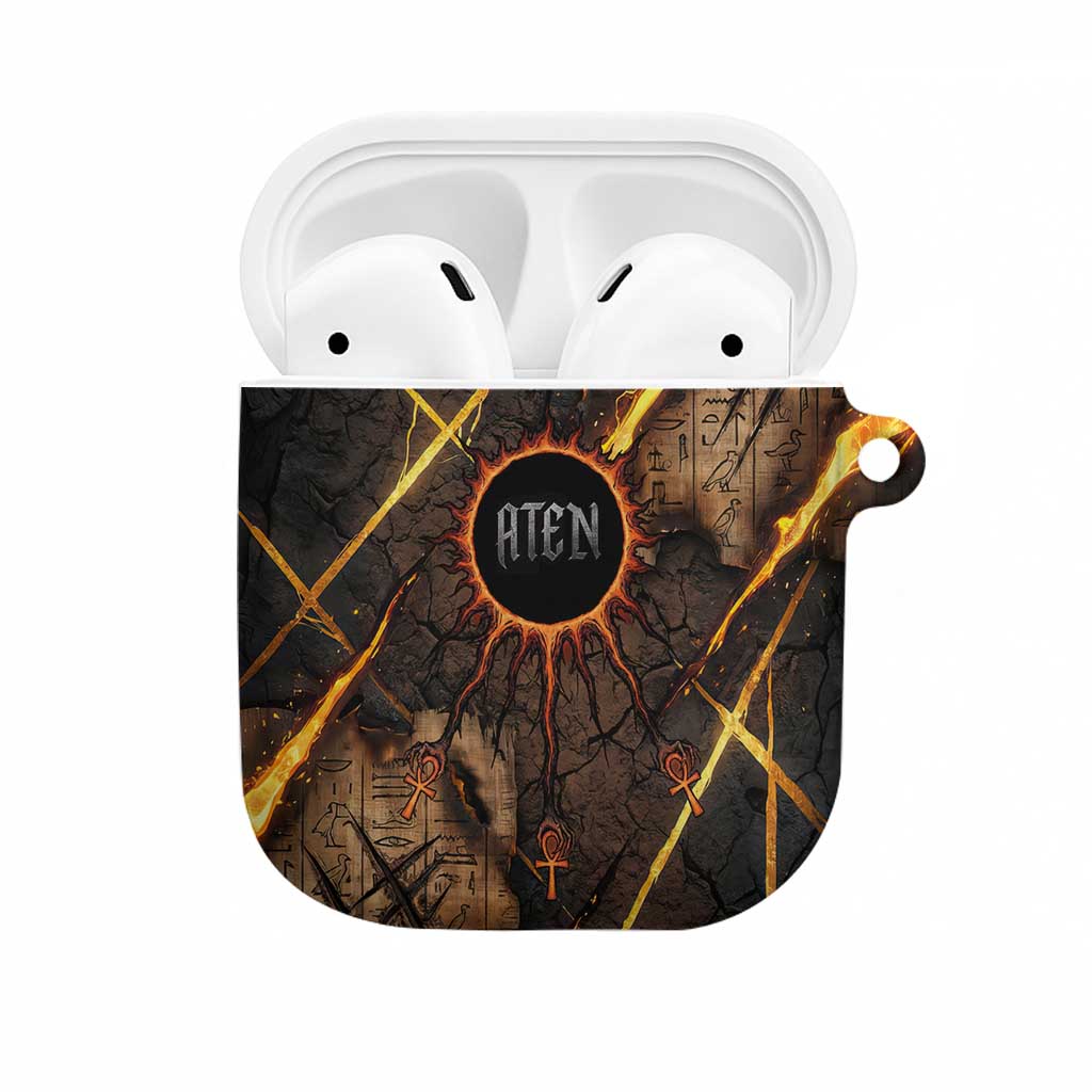 Aten AirPods Case Ancient Egyptian Cracked Stone Hieroglyph, Solar Eclipse Emblem, and Radiant Sunburst - Wonder Print Shop