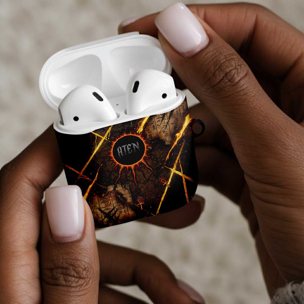 Aten AirPods Case Ancient Egyptian Cracked Stone Hieroglyph, Solar Eclipse Emblem, and Radiant Sunburst - Wonder Print Shop