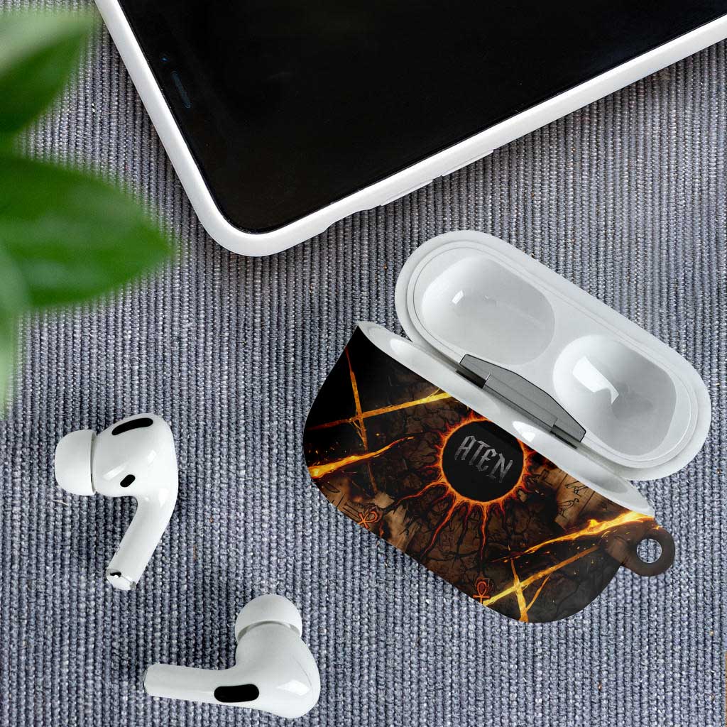 Aten AirPods Case Ancient Egyptian Cracked Stone Hieroglyph, Solar Eclipse Emblem, and Radiant Sunburst - Wonder Print Shop