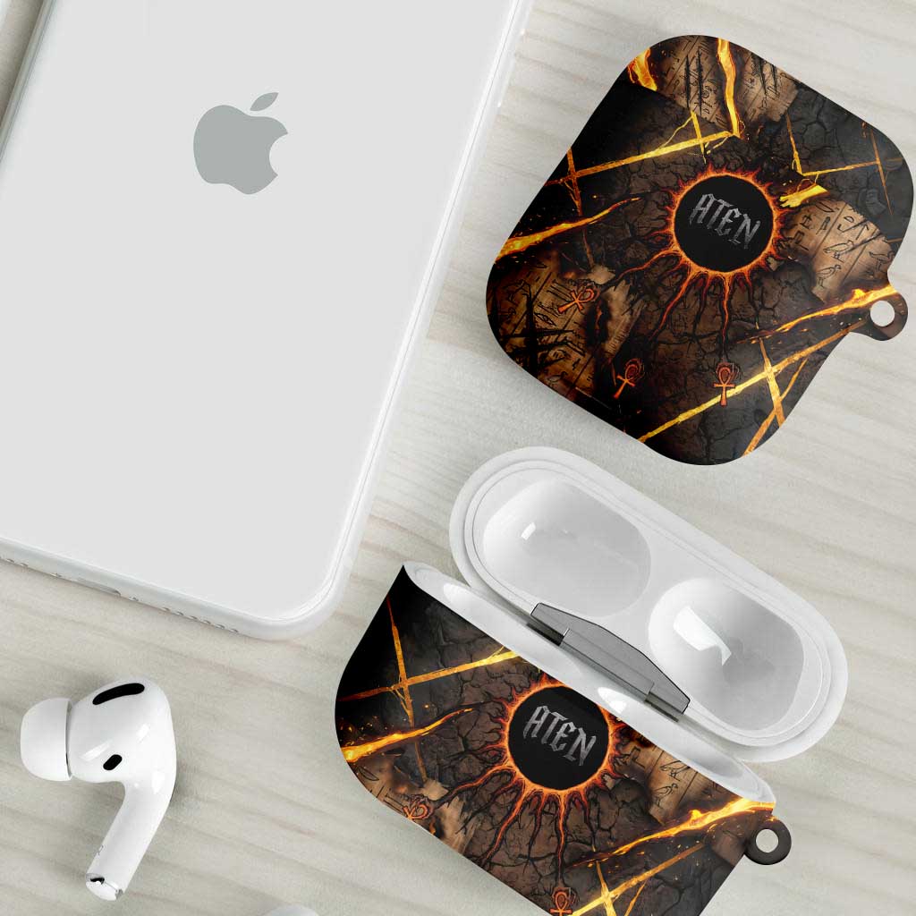 Aten AirPods Case Ancient Egyptian Cracked Stone Hieroglyph, Solar Eclipse Emblem, and Radiant Sunburst - Wonder Print Shop