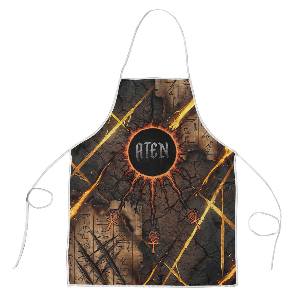 Aten Apron Ancient Egyptian Cracked Stone Hieroglyph, Solar Eclipse Emblem, and Radiant Sunburst - Wonder Print Shop
