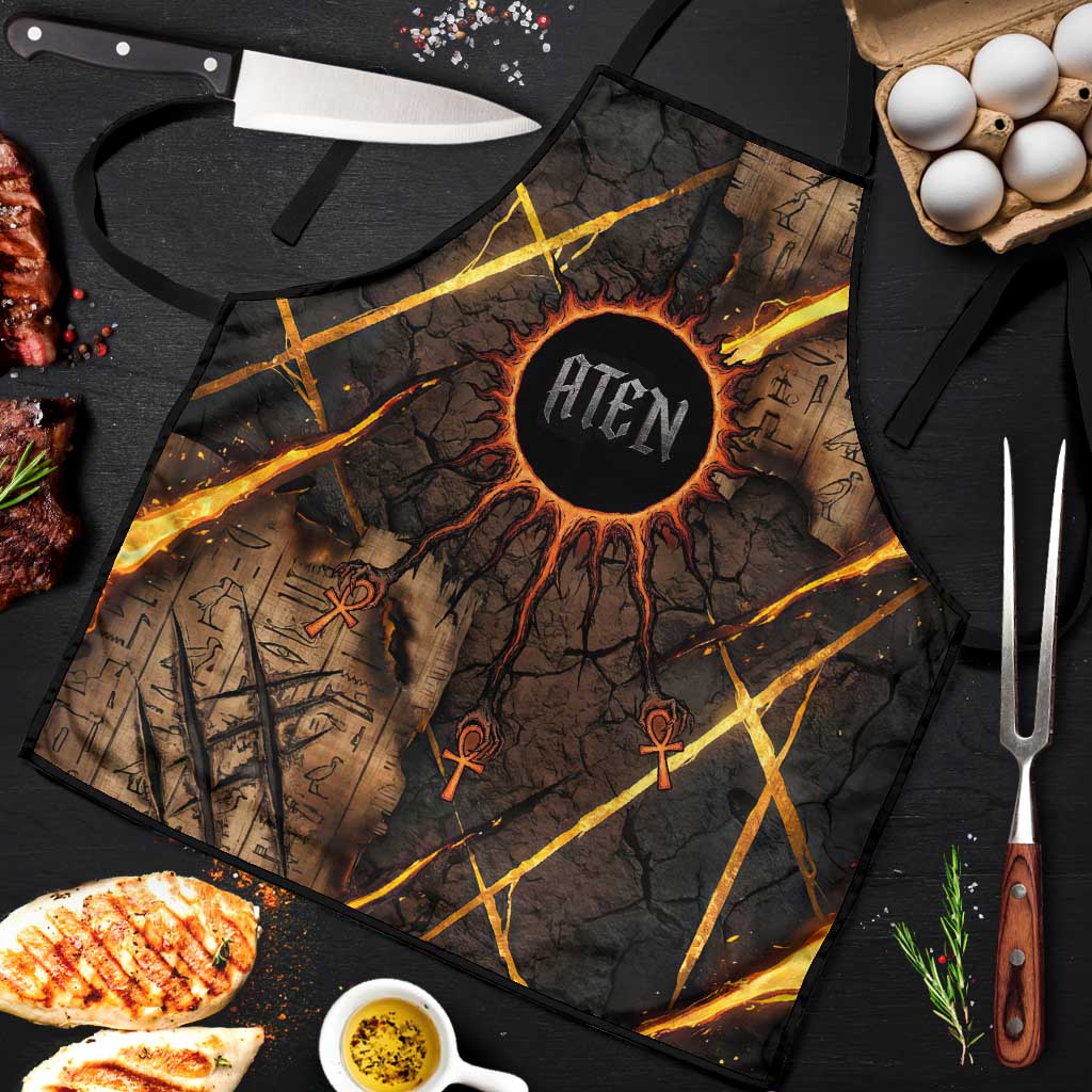 Aten Apron Ancient Egyptian Cracked Stone Hieroglyph, Solar Eclipse Emblem, and Radiant Sunburst - Wonder Print Shop