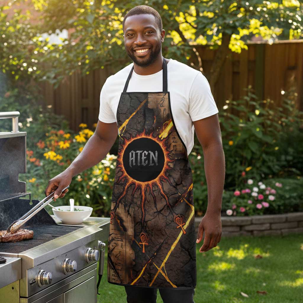 Aten Apron Ancient Egyptian Cracked Stone Hieroglyph, Solar Eclipse Emblem, and Radiant Sunburst - Wonder Print Shop