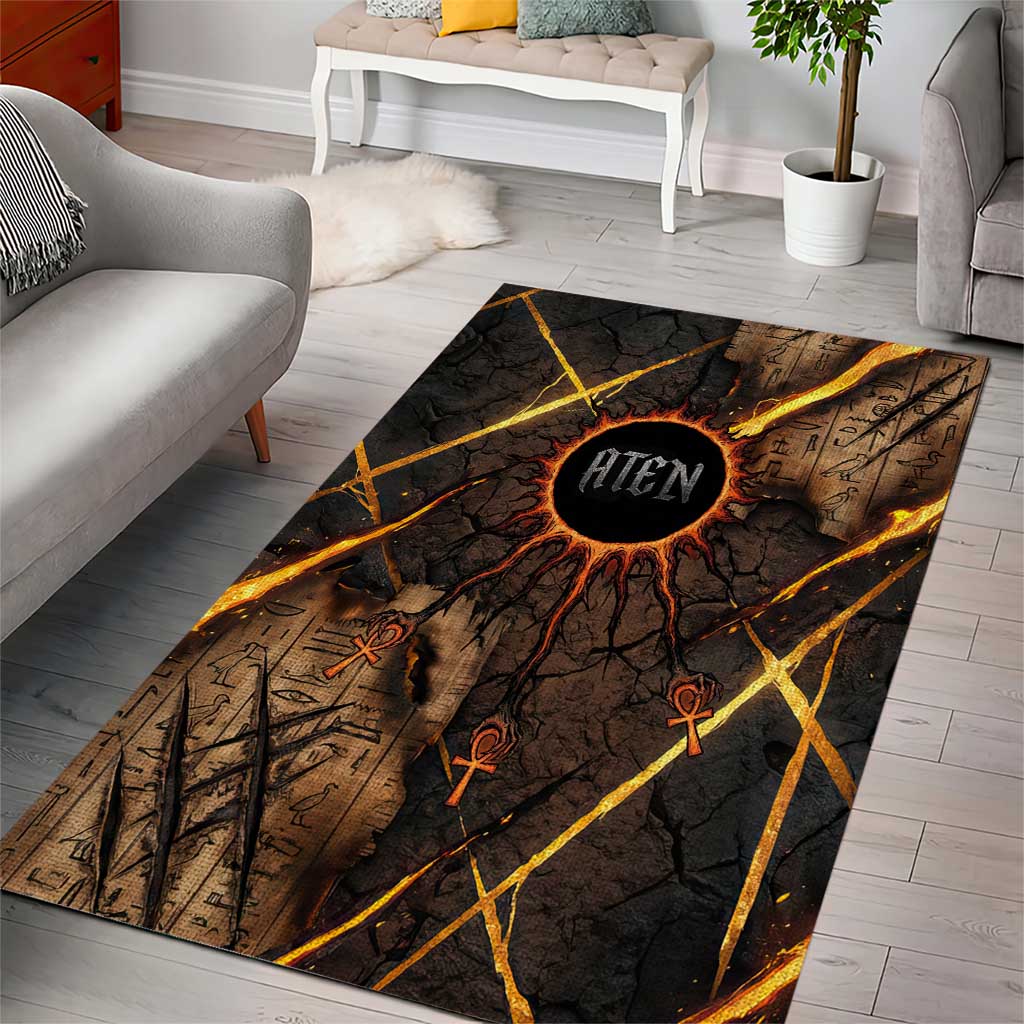 Aten Area Rug Ancient Egyptian Cracked Stone Hieroglyph, Solar Eclipse Emblem, and Radiant Sunburst - Wonder Print Shop