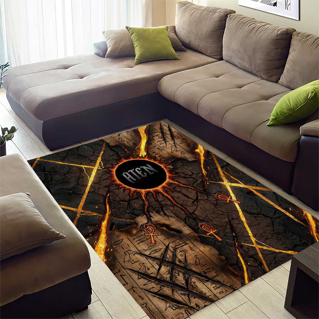 Aten Area Rug Ancient Egyptian Cracked Stone Hieroglyph, Solar Eclipse Emblem, and Radiant Sunburst - Wonder Print Shop