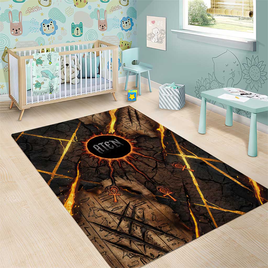 Aten Area Rug Ancient Egyptian Cracked Stone Hieroglyph, Solar Eclipse Emblem, and Radiant Sunburst - Wonder Print Shop