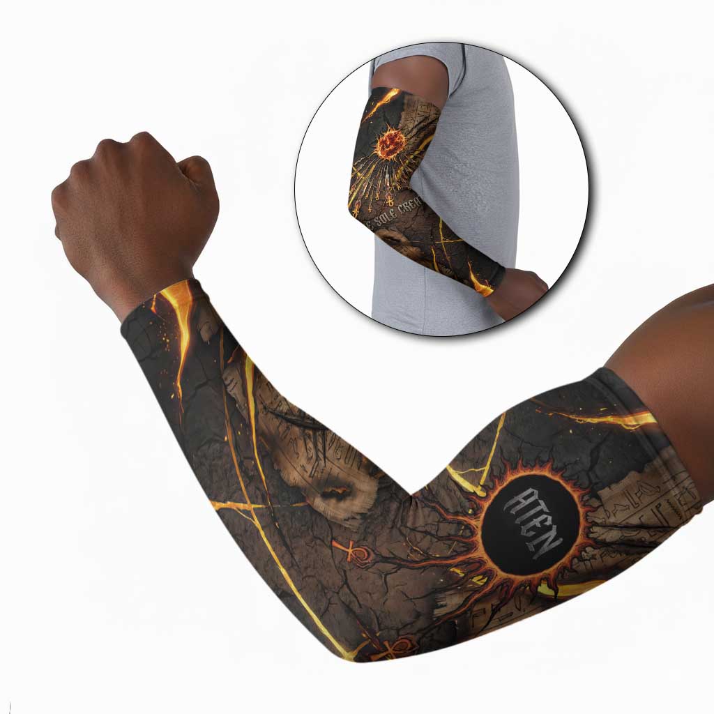 Aten Arm Sleeves Ancient Egyptian Cracked Stone Hieroglyph, Solar Eclipse Emblem, and Radiant Sunburst - Wonder Print Shop