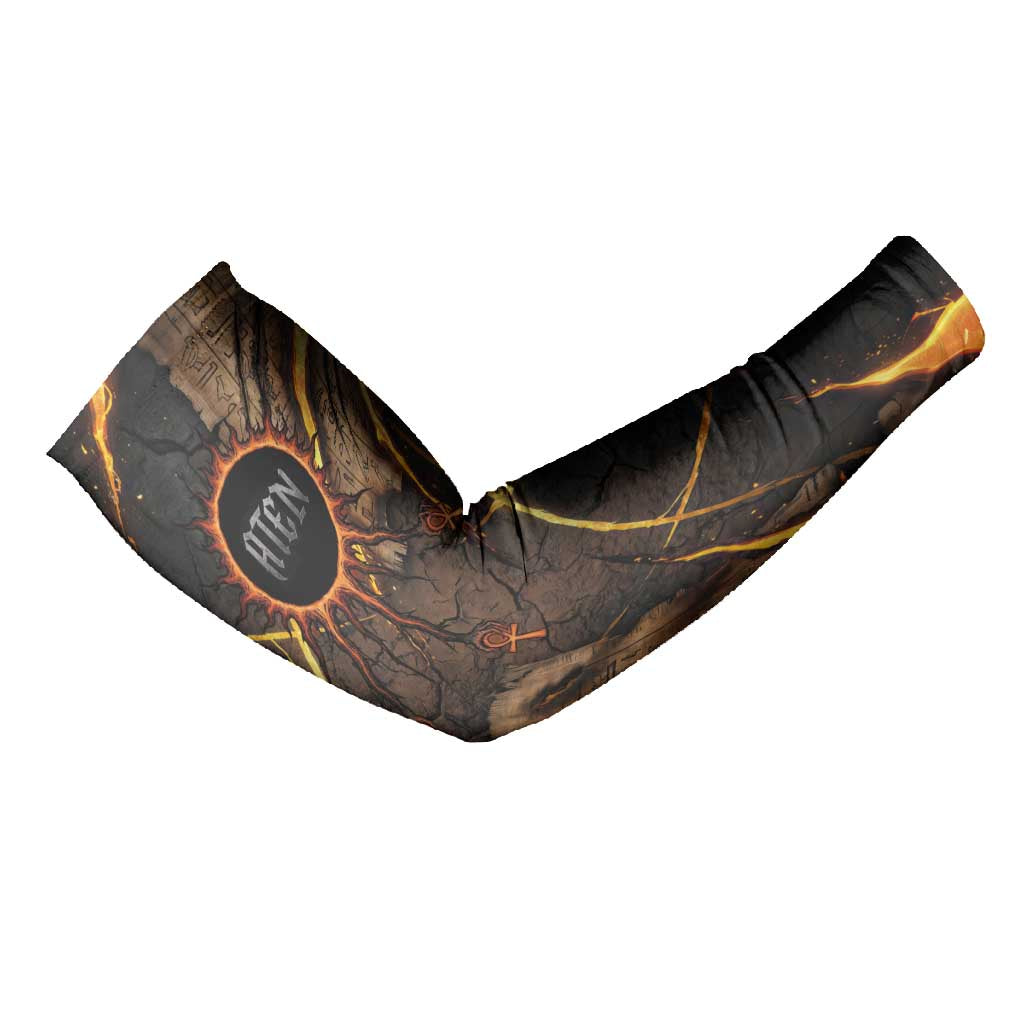 Aten Arm Sleeves Ancient Egyptian Cracked Stone Hieroglyph, Solar Eclipse Emblem, and Radiant Sunburst - Wonder Print Shop