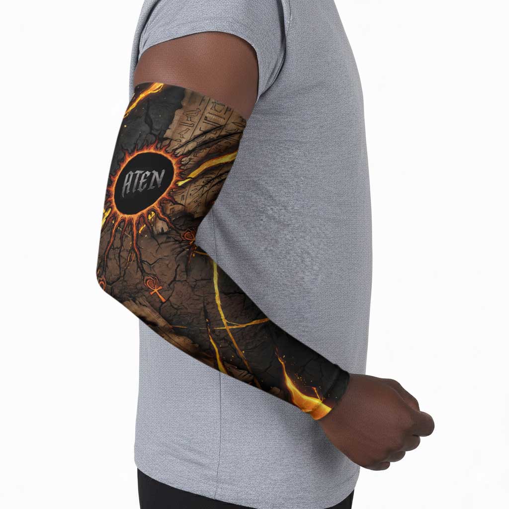 Aten Arm Sleeves Ancient Egyptian Cracked Stone Hieroglyph, Solar Eclipse Emblem, and Radiant Sunburst - Wonder Print Shop