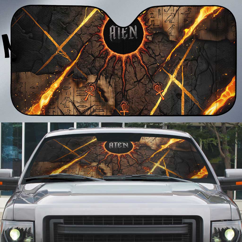 Aten Auto Sun Shade Ancient Egyptian Cracked Stone Hieroglyph, Solar Eclipse Emblem, and Radiant Sunburst - Wonder Print Shop