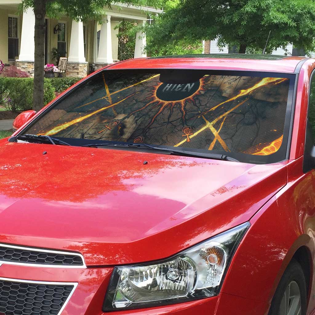 Aten Auto Sun Shade Ancient Egyptian Cracked Stone Hieroglyph, Solar Eclipse Emblem, and Radiant Sunburst - Wonder Print Shop