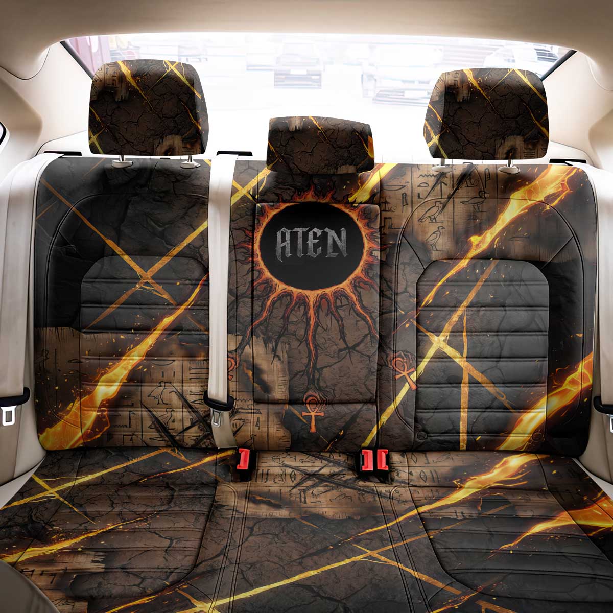 Aten Back Car Seat Cover Ancient Egyptian Cracked Stone Hieroglyph, Solar Eclipse Emblem, and Radiant Sunburst - Wonder Print Shop